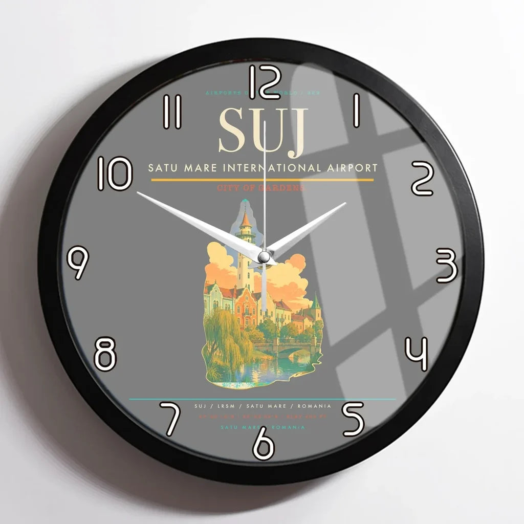 Satu Mare International Airport (SUJ) design on gray framed wall clock