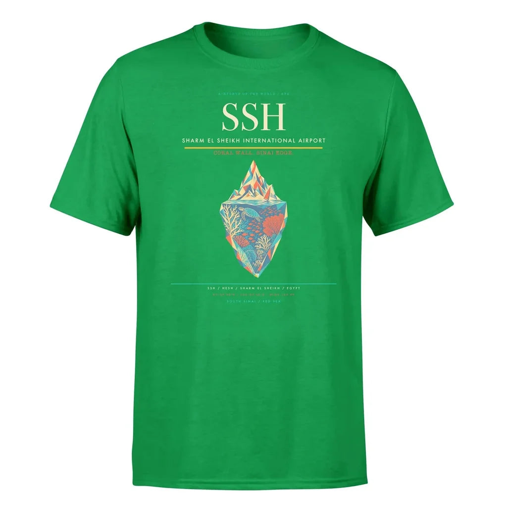 Sharm El Sheikh International Airport (SSH) T-Shirt single-side front print in Green | sharm-el-sheikh-international-airport-ssh-double-side-t-shirt