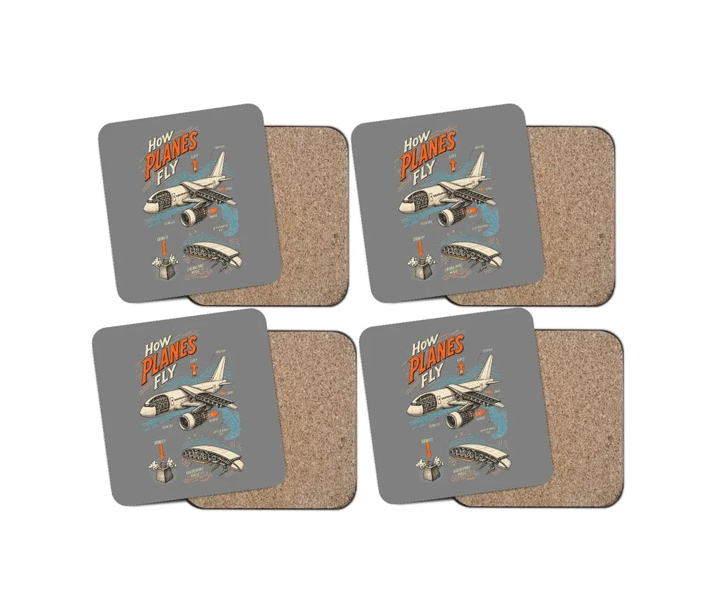 How Planes Fly V2 design on gray 4 pieces set coaster