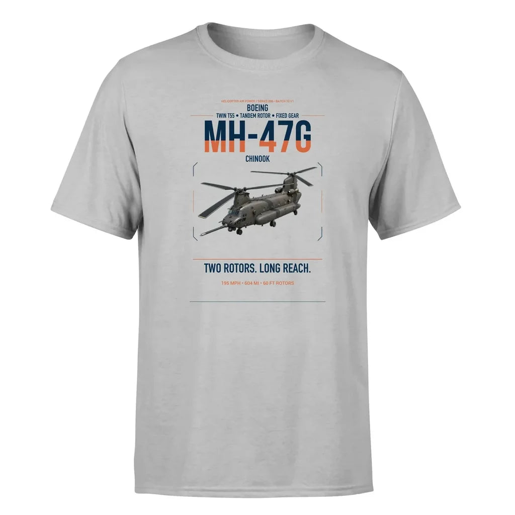 Boeing MH-47G Chinook design on light gray t-shirt, single-side print
