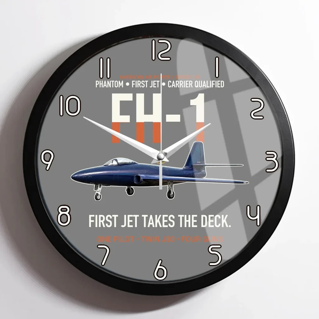 FH-1 Phantom First Jet Takes the Deck design on gray framed wall clock