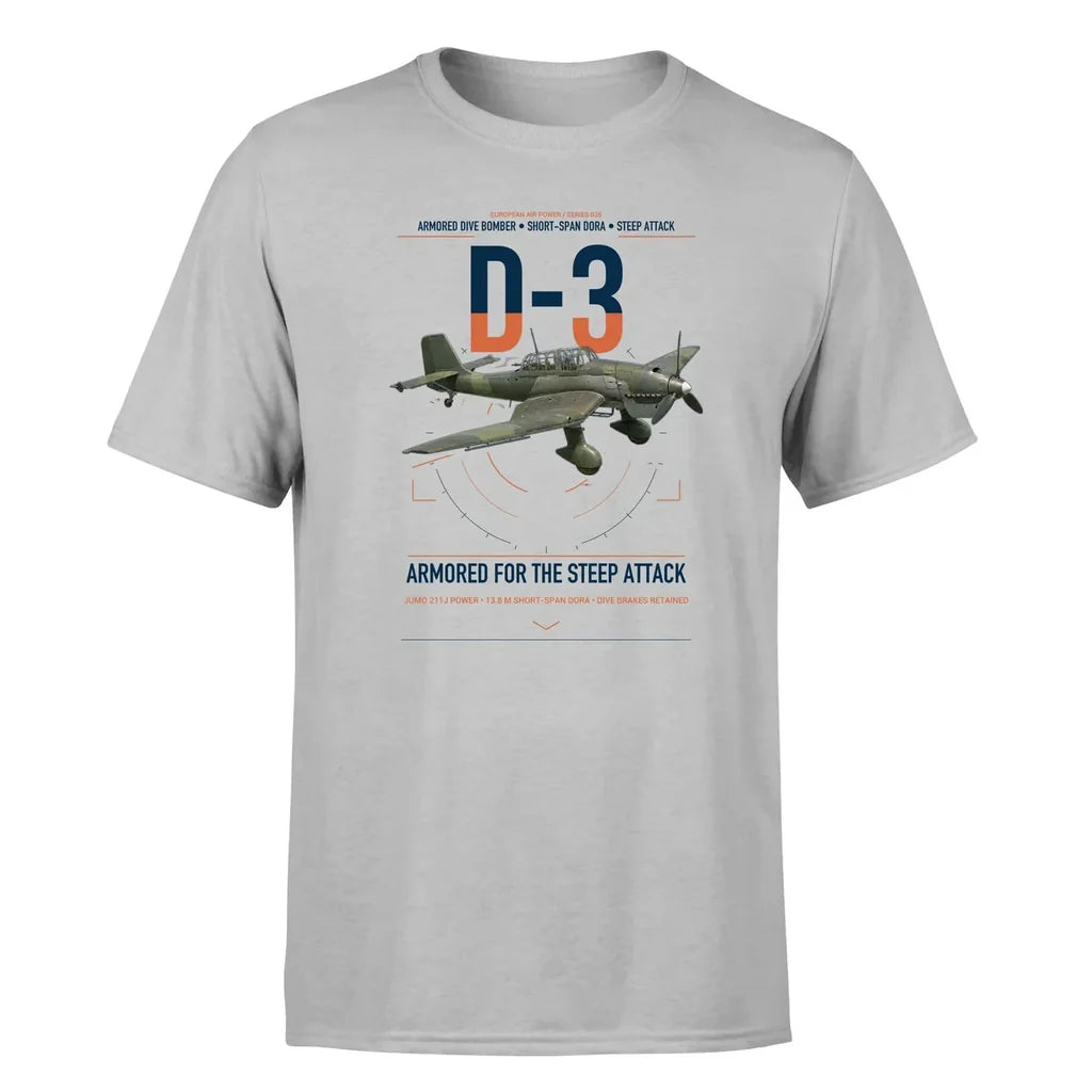 Junkers Ju 87D-3 design on light gray t-shirt, single-side print