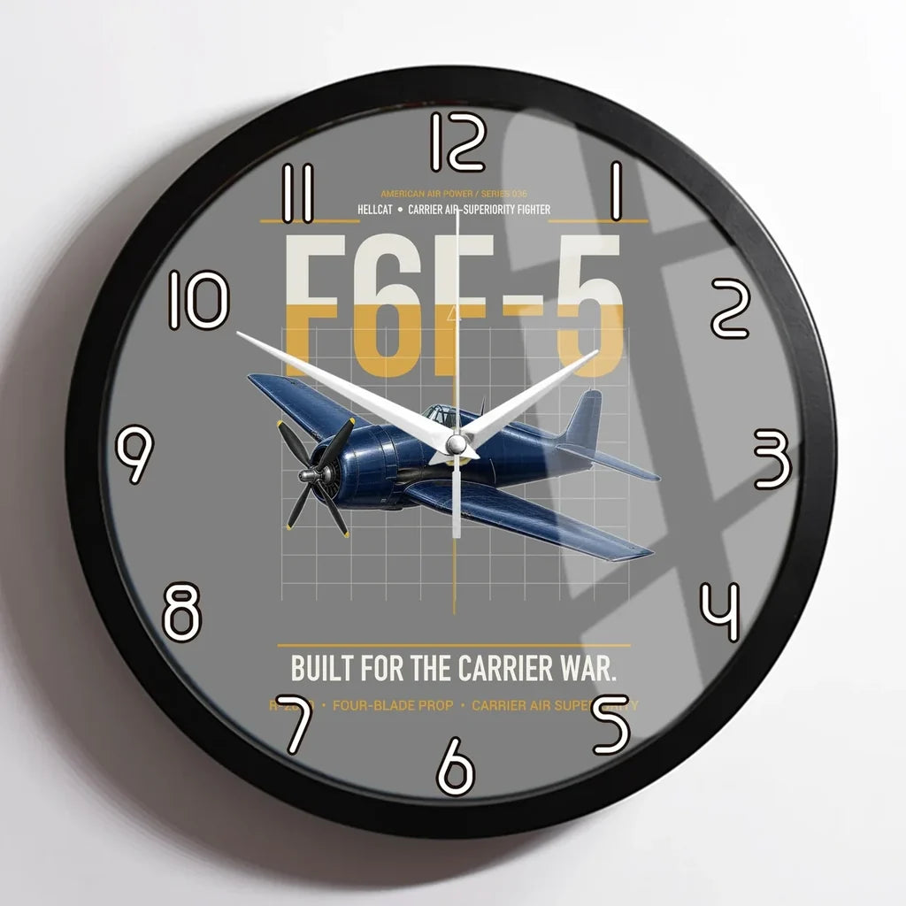 F6F-5 Hellcat design on gray framed wall clock