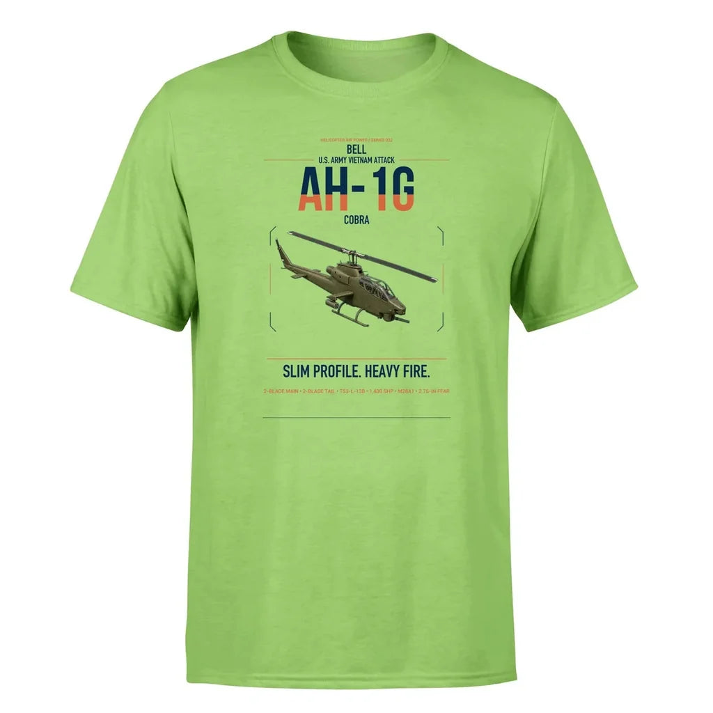 Bell AH-1G Cobra design on light green t-shirt, single-side print