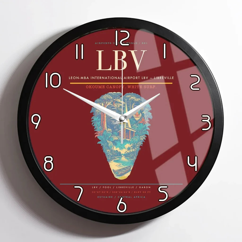 Leon-Mba International Airport (LBV) design on dark red framed wall clock