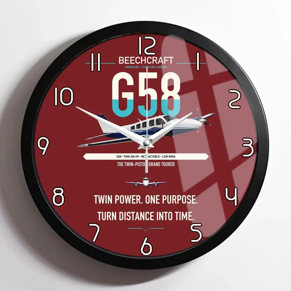 Beechcraft Baron G58 design on dark red framed wall clock