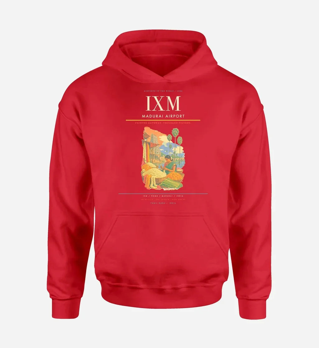 Madurai Airport (IXM) design on red hoodie single-side print