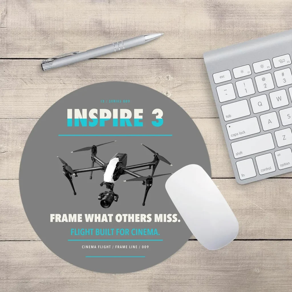 DJI Inspire 3 design on gray round mouse pad