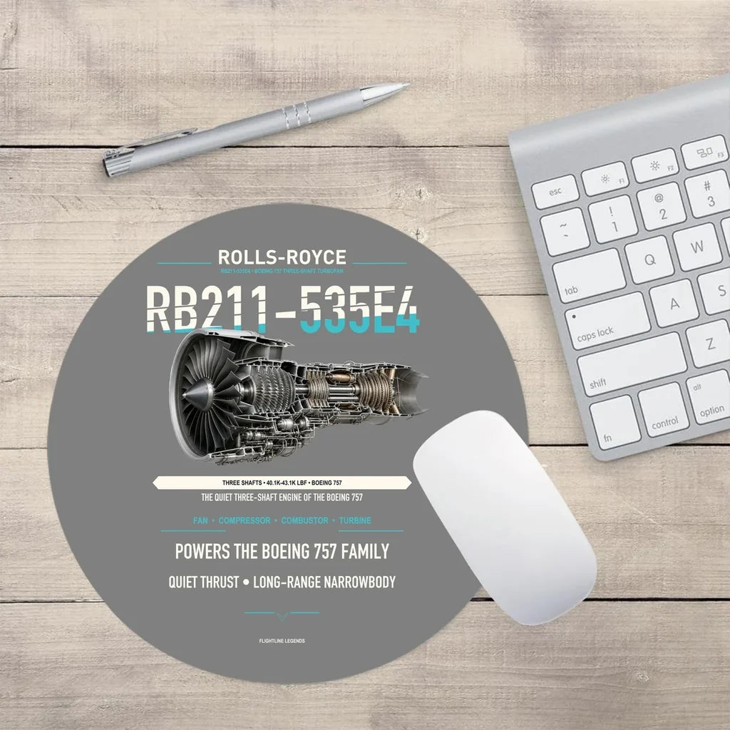 RB211-535E4 design on gray round mouse pad