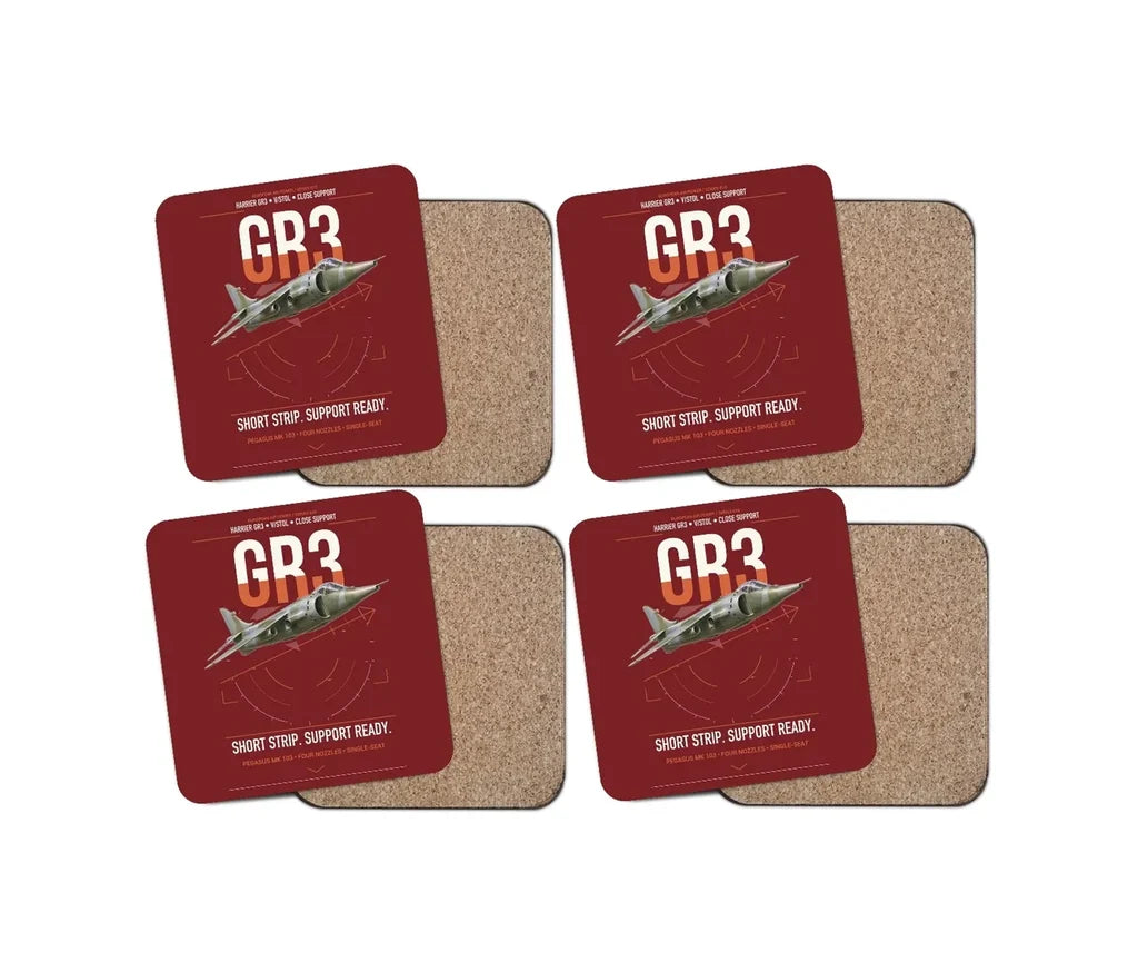 Hawker Siddeley Harrier GR3 design on dark red 4 pieces set coaster