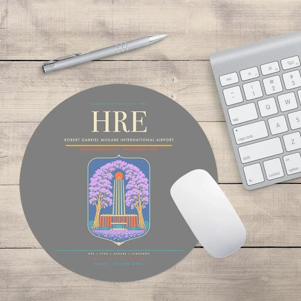 Robert Gabriel Mugabe International Airport (HRE) design on gray round mouse pad