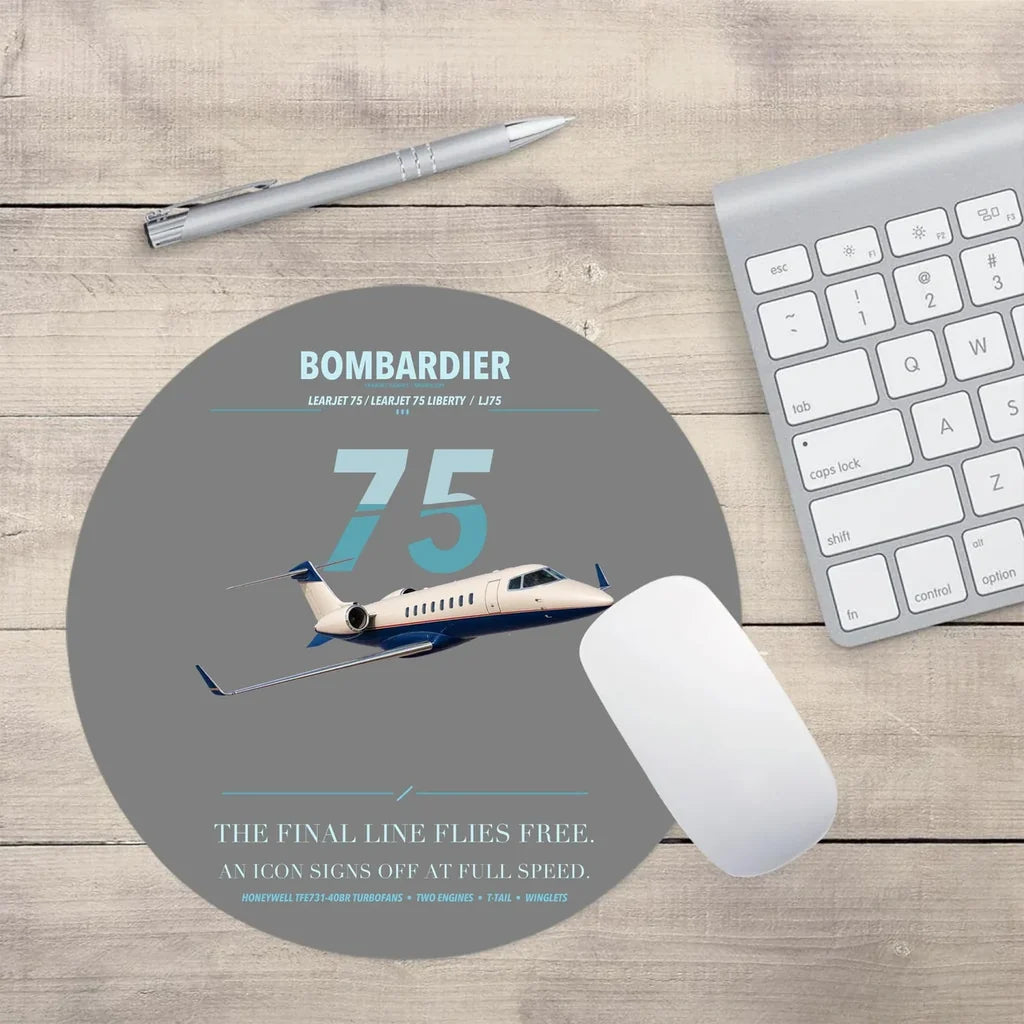 Bombardier Learjet 75 Liberty design on gray round mouse pad