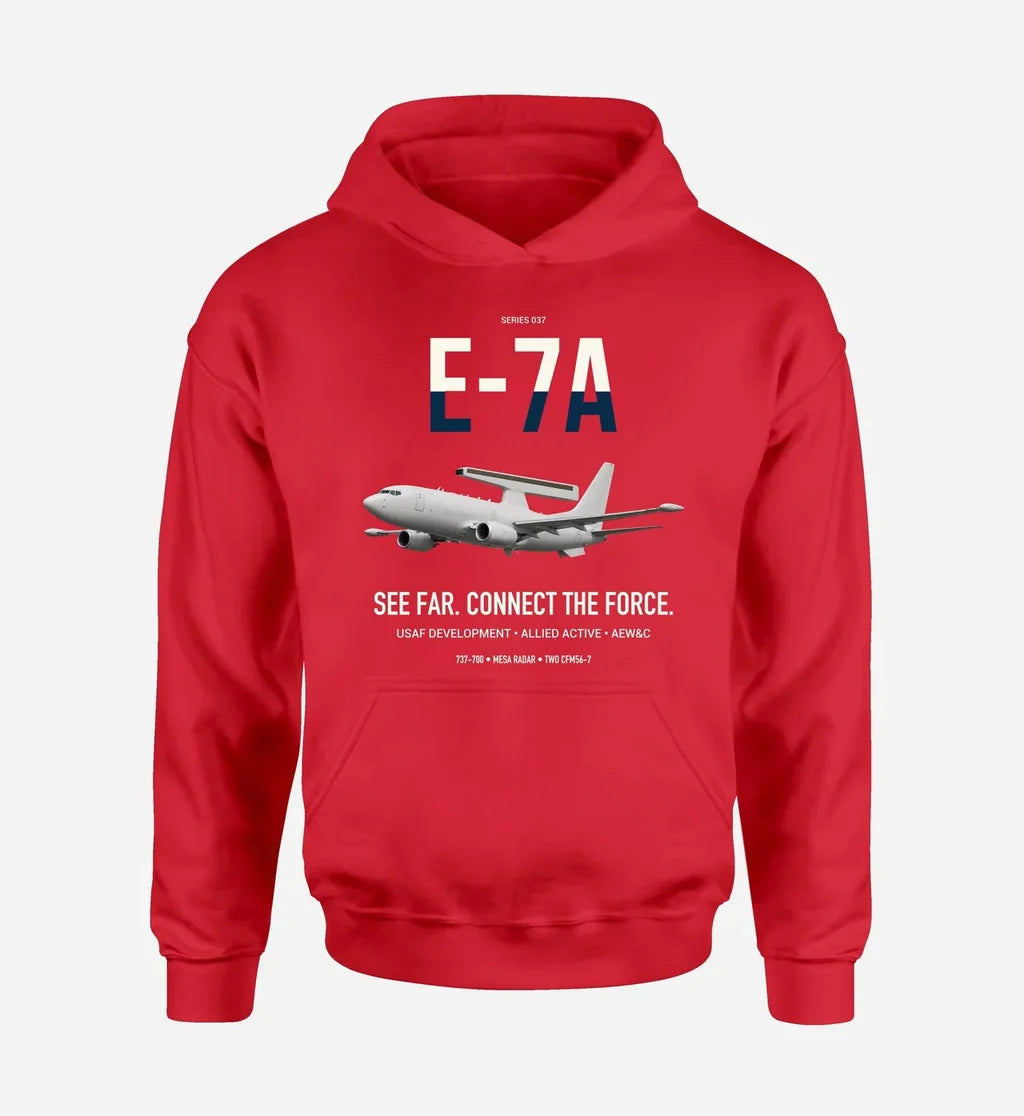 E-7A Wedgetail design on red double-side hoodie, single-side print
