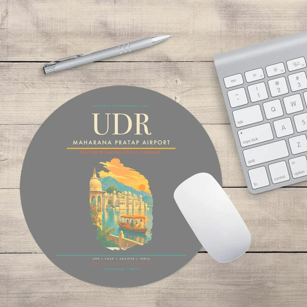 Maharana Pratap Airport (UDR) design on gray round mouse pad