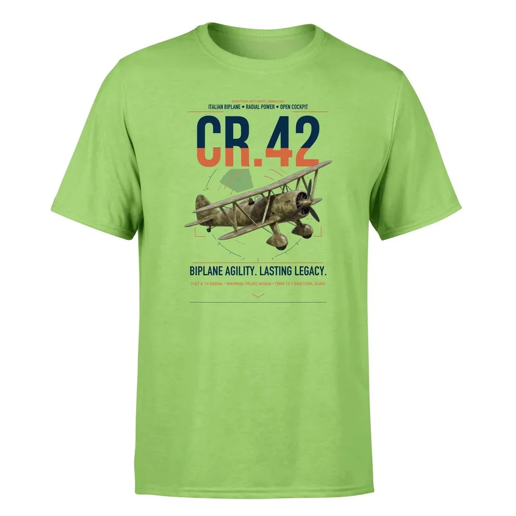 Fiat CR.42 Falco design on light green t-shirt, single-side print