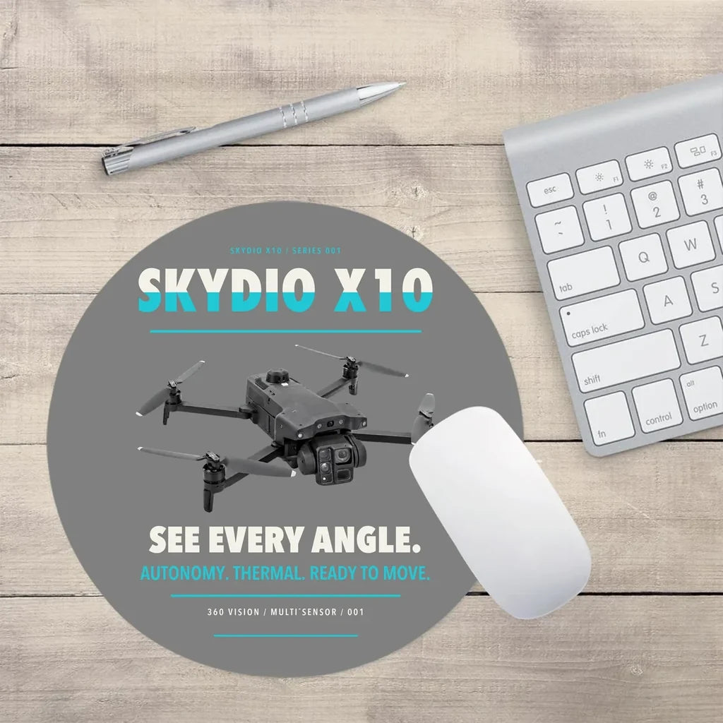 Skydio X10 design on gray round mouse pad