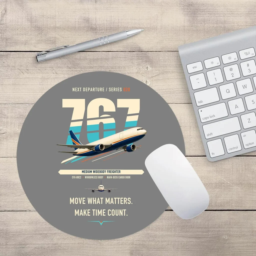 Boeing 767-300F design on gray round mouse pad
