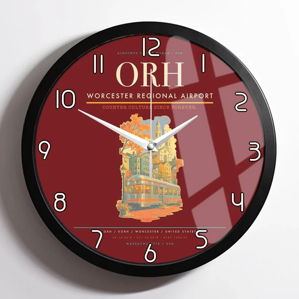 Worcester Regional Airport (ORH) design on dark red framed wall clock