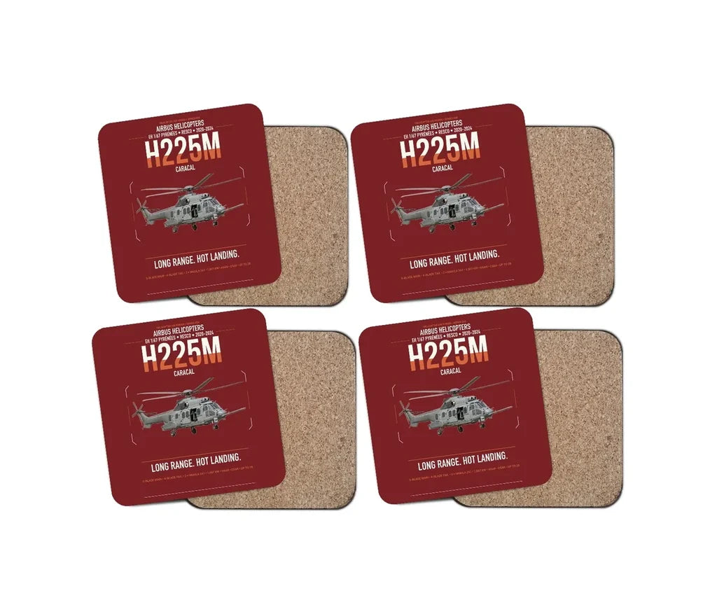 Airbus Helicopters H225M Caracal design on dark red 4 pieces set coaster