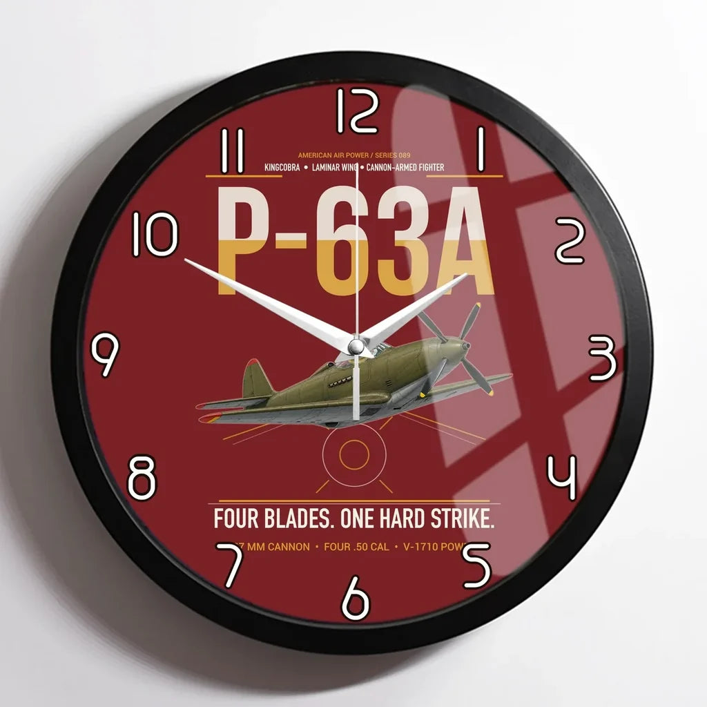 P-63A Kingcobra design on dark red framed wall clock