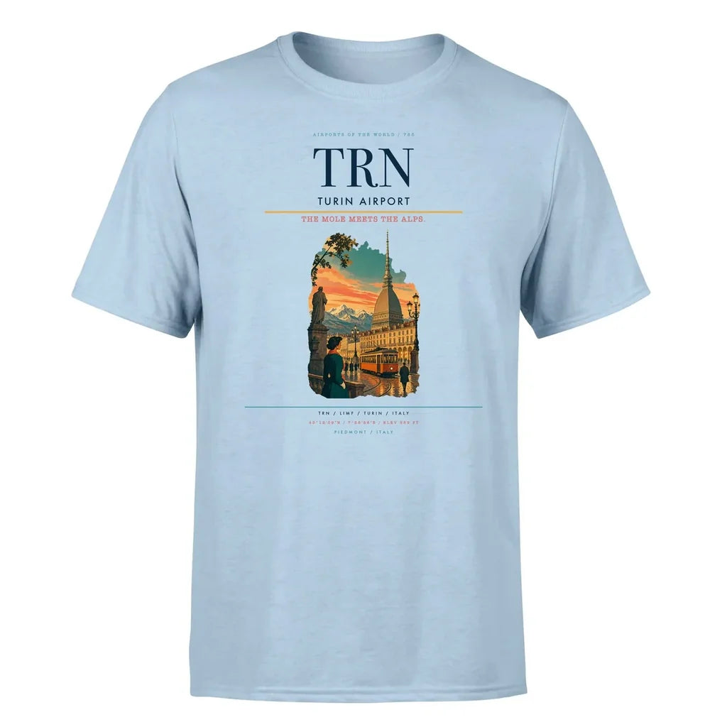 Turin Airport (TRN) T-Shirt single-side front print in Light Blue | turin-airport-trn-double-side-t-shirt