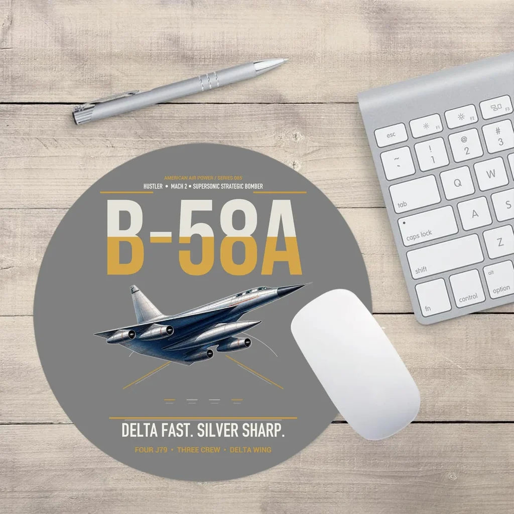 B-58A Hustler design on gray round mouse pad