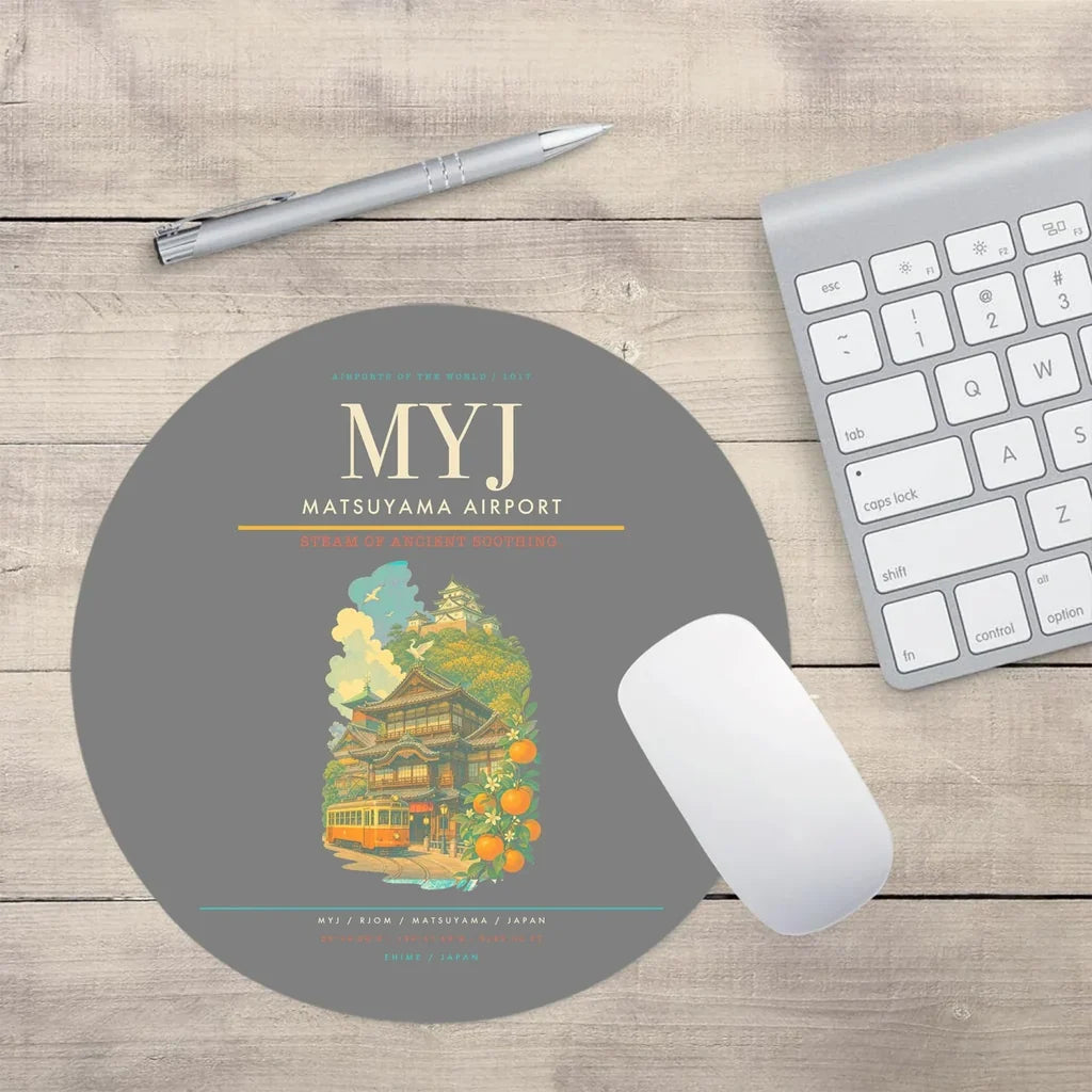 Matsuyama Airport (MYJ) design on gray round mouse pad