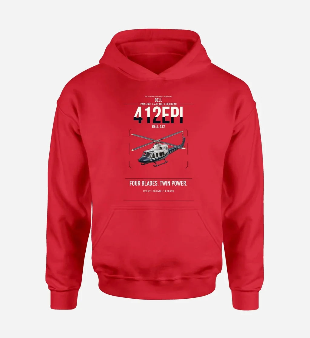 Bell 412EPI design on red double-side hoodie, single-side print