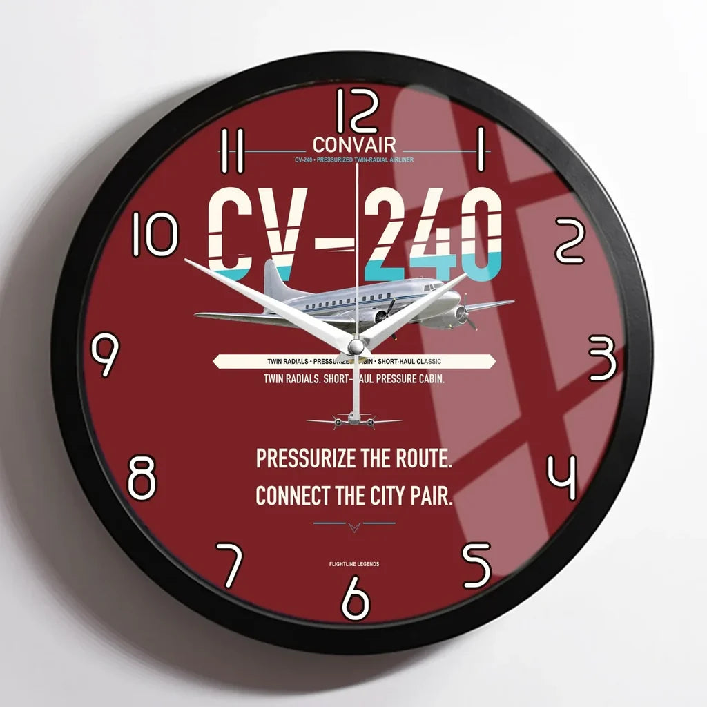 Convair CV-240 design on dark red framed wall clock