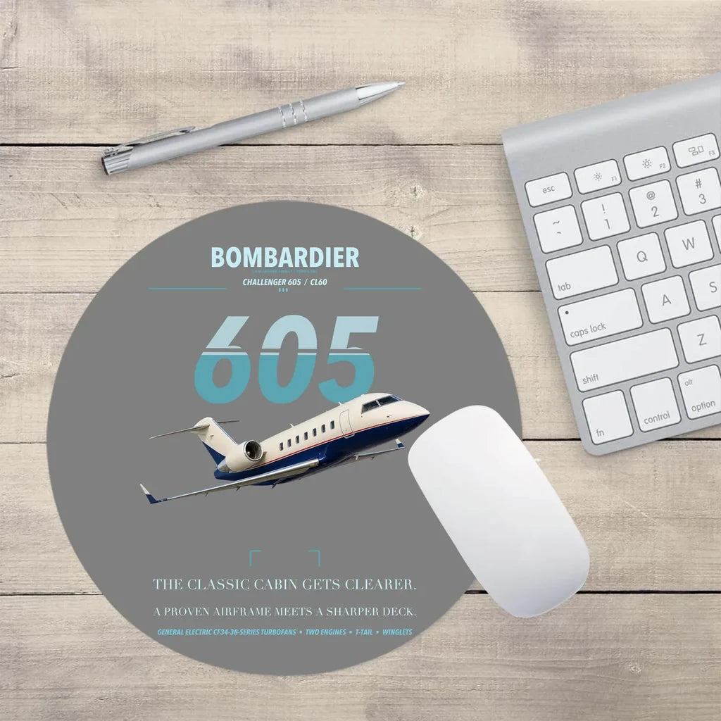 Bombardier Challenger 605 design on gray round mouse pad