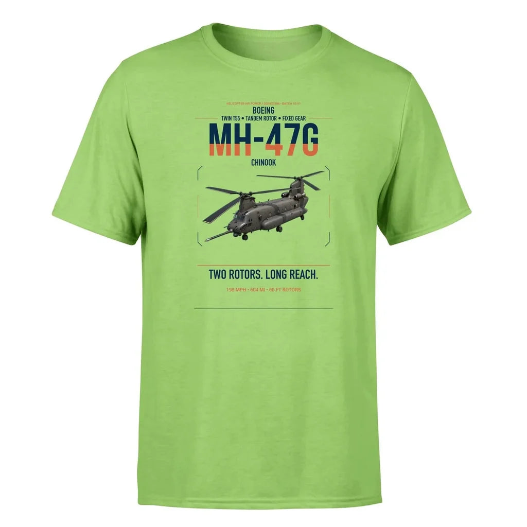 Boeing MH-47G Chinook design on light green t-shirt, single-side print