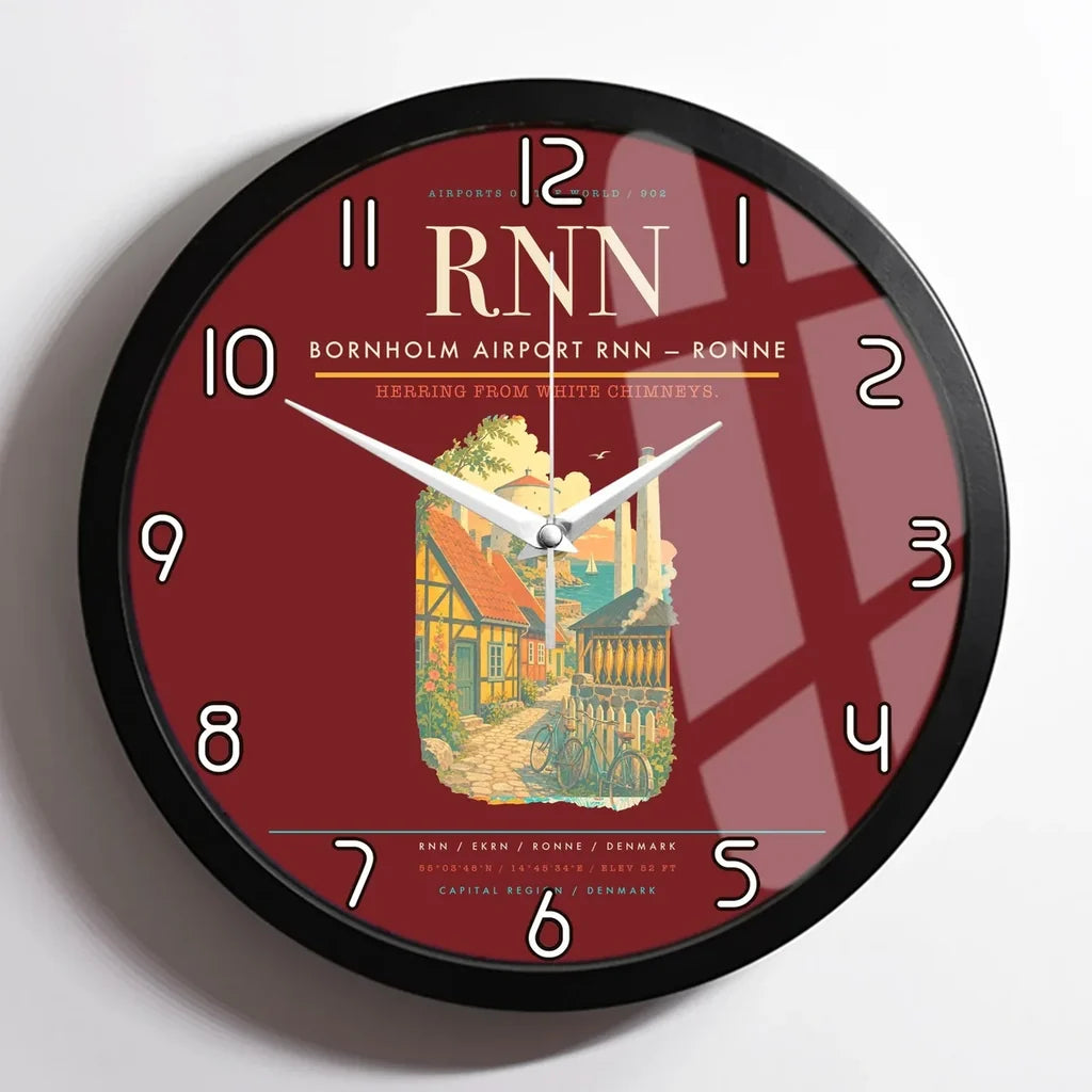 Bornholm Airport (RNN) design on dark red framed wall clock