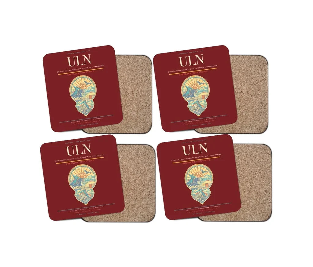 Chinggis Khaan International Airport (ULN) design on dark red 4 pieces set coaster