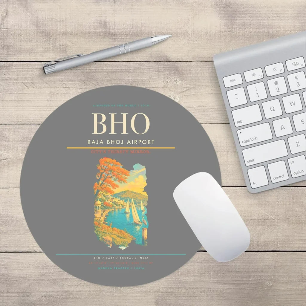 Raja Bhoj Airport (BHO) design on gray round mouse pad