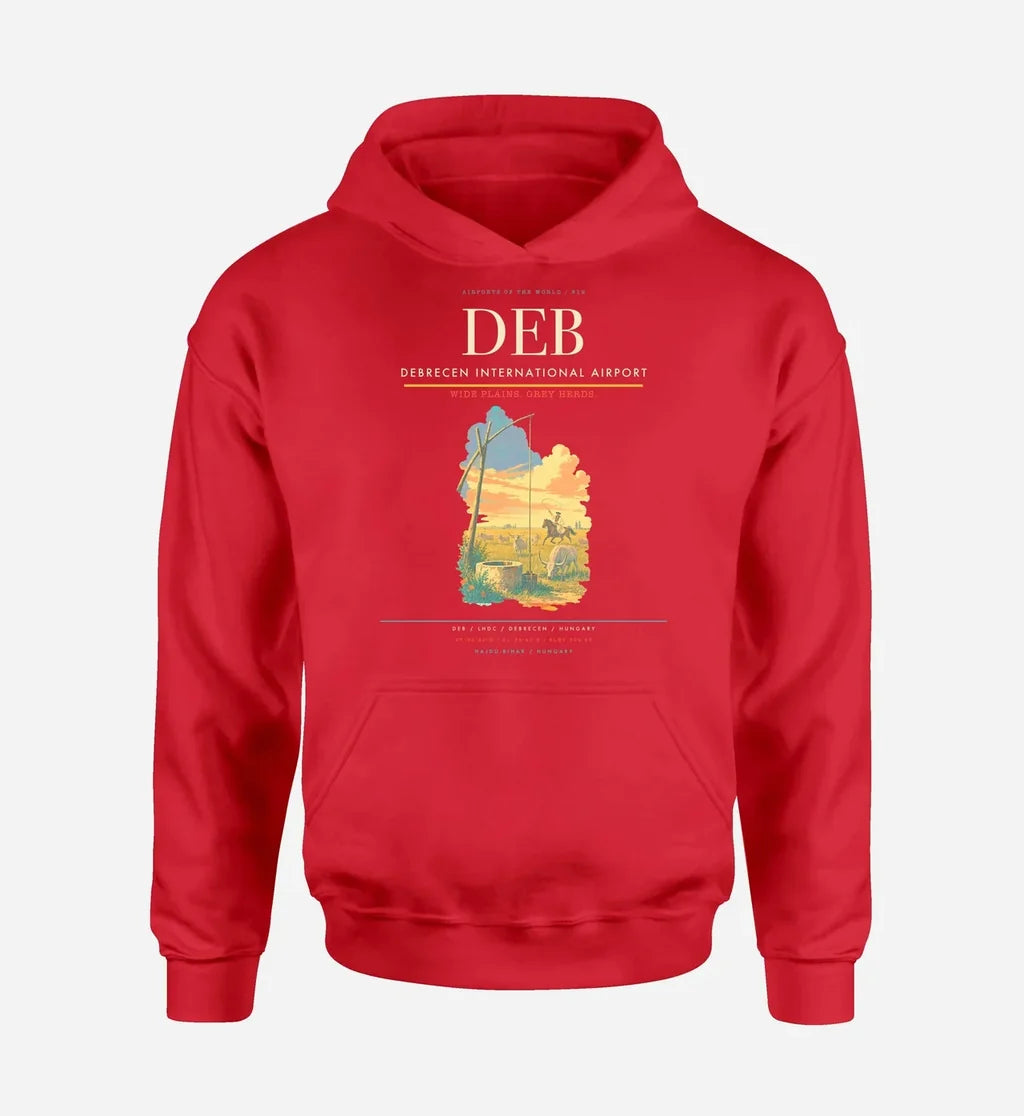 Debrecen International Airport (DEB) design on red hoodie single-side print