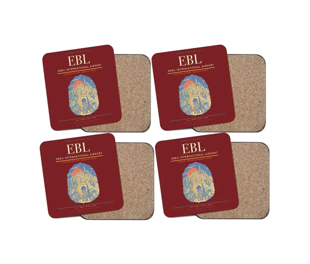 Erbil International Airport (EBL) design on dark red 4 pieces set coaster