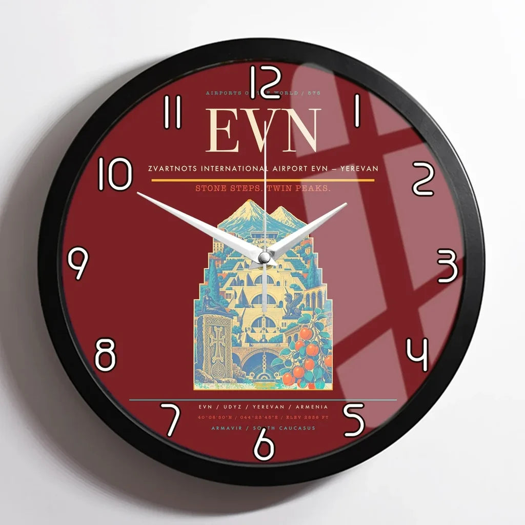 Zvartnots International Airport (EVN) design on dark red framed wall clock