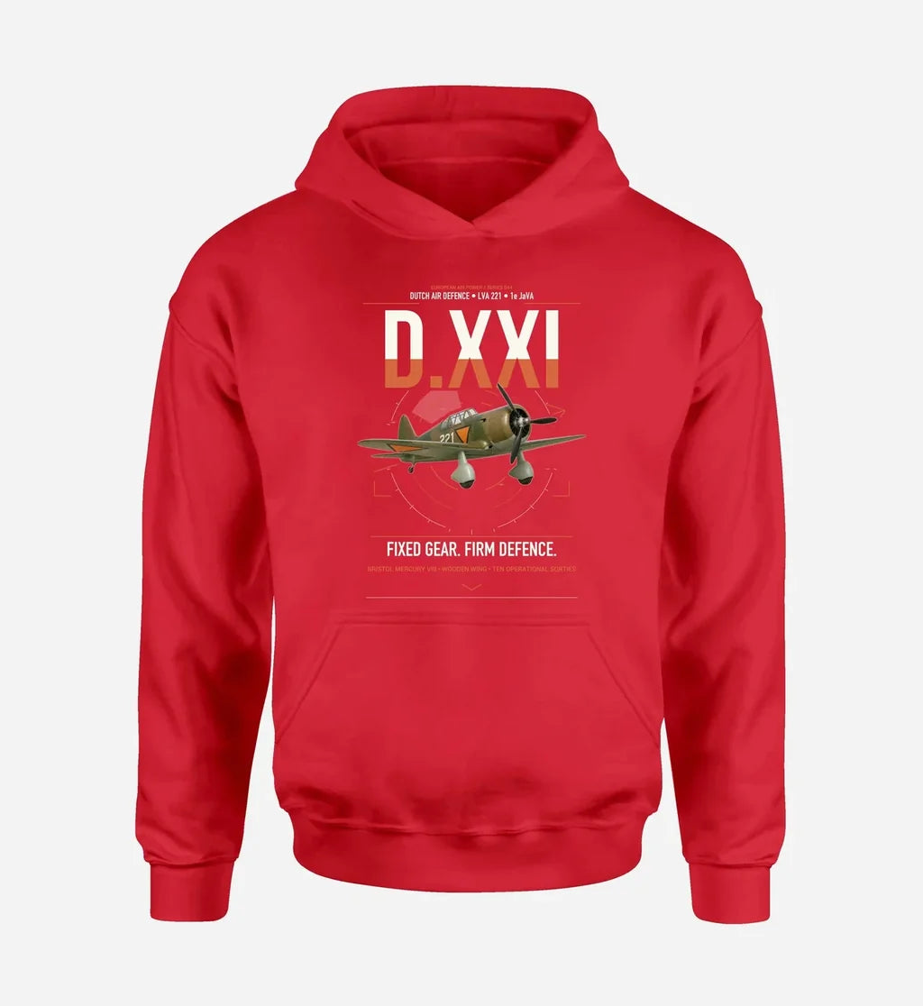 Fokker D.XXI — Dutch LVA aircraft 221 design on red double-side hoodie, single-side print