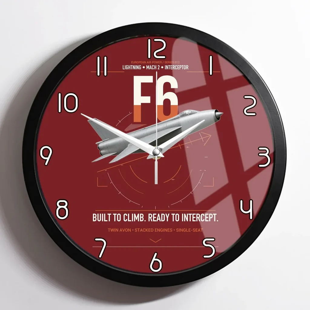 English Electric Lightning F6 design on dark red framed wall clock