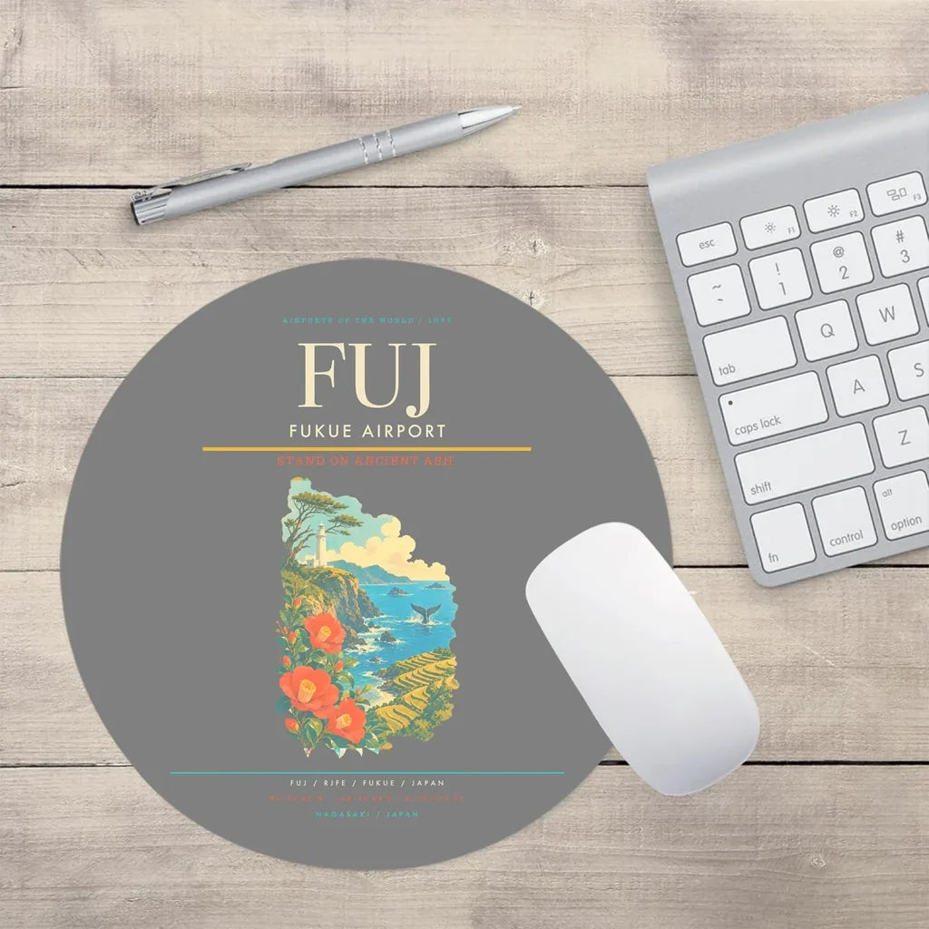 Fukue Airport (FUJ) design on gray round mouse pad