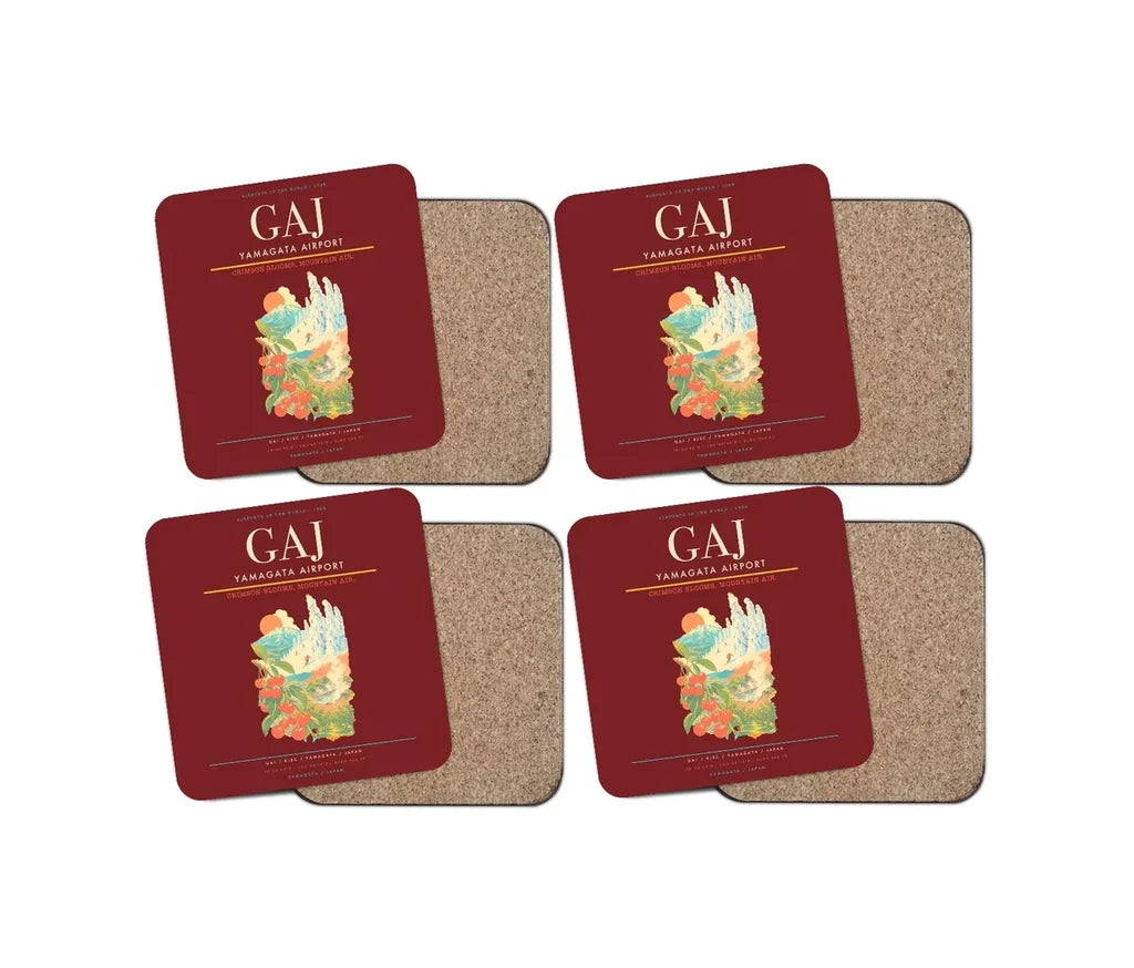 Yamagata Airport (GAJ) design on dark red 4 pieces set coaster