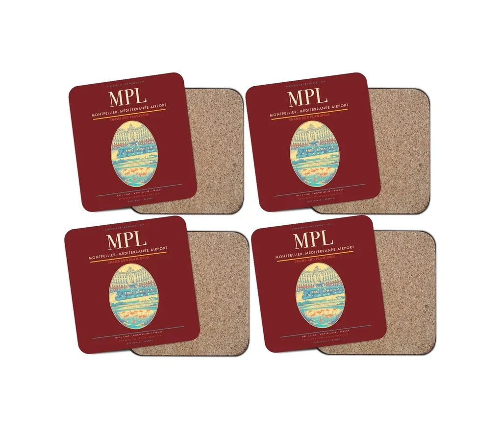 Montpellier–Méditerranée Airport (MPL) design on dark red 4 pieces set coaster
