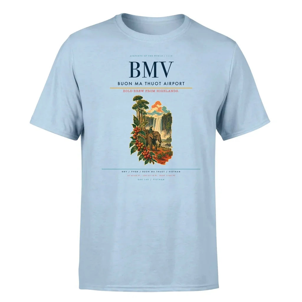 Buon Ma Thuot Airport (BMV) T-Shirt single-side front print in Light Blue | buon-ma-thuot-airport-bmv-double-side-t-shirt