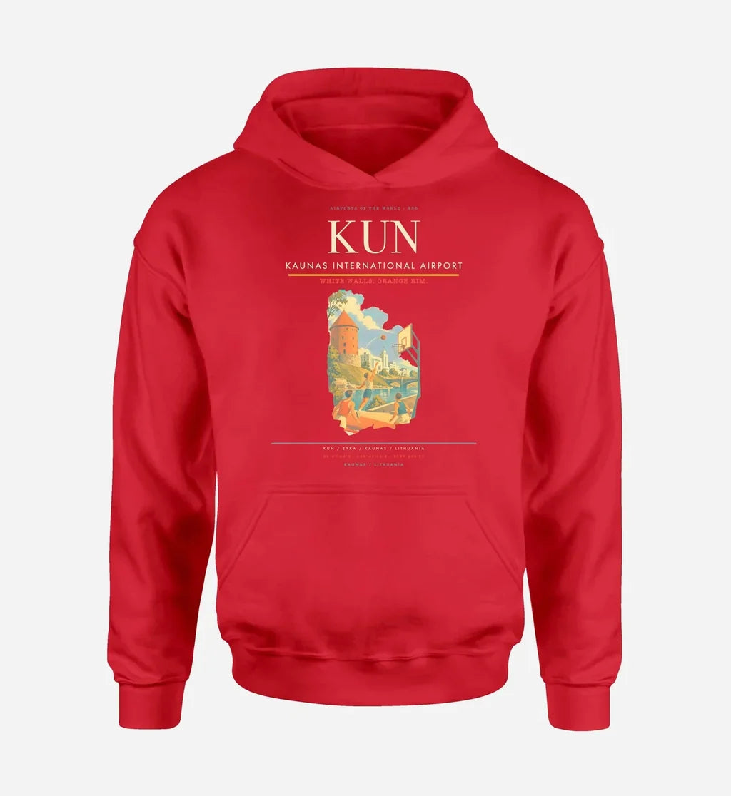 Kaunas International Airport (KUN) design on red hoodie single-side print