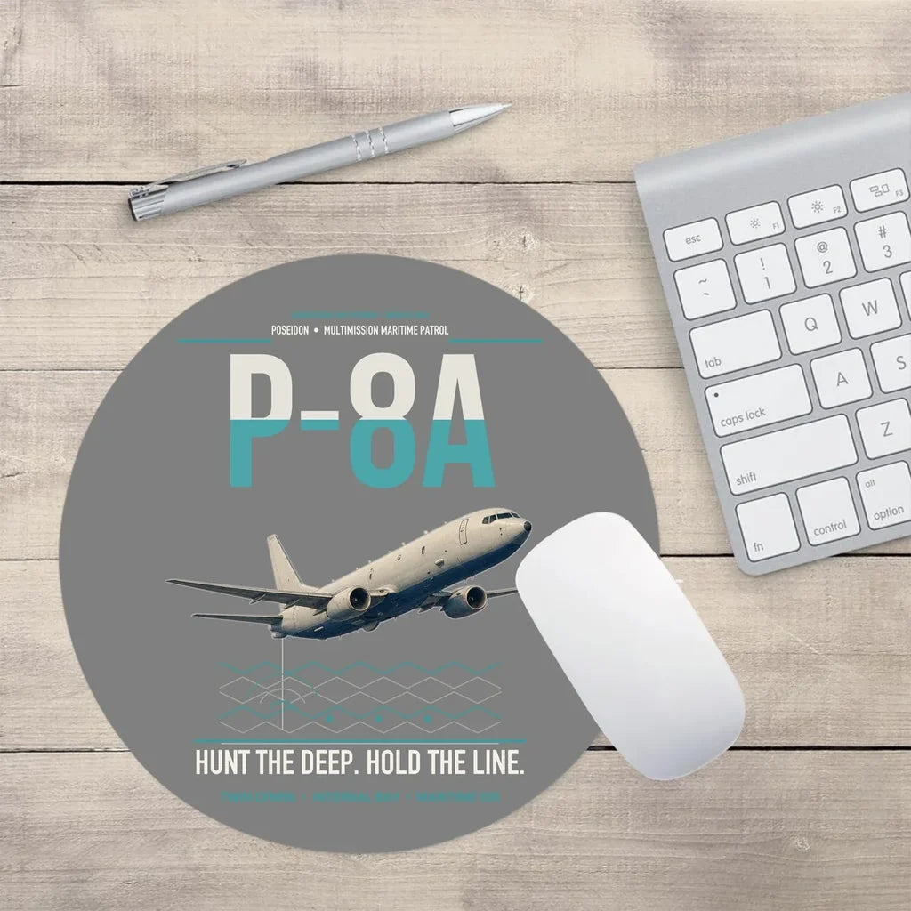 P-8A Poseidon design on gray round mouse pad