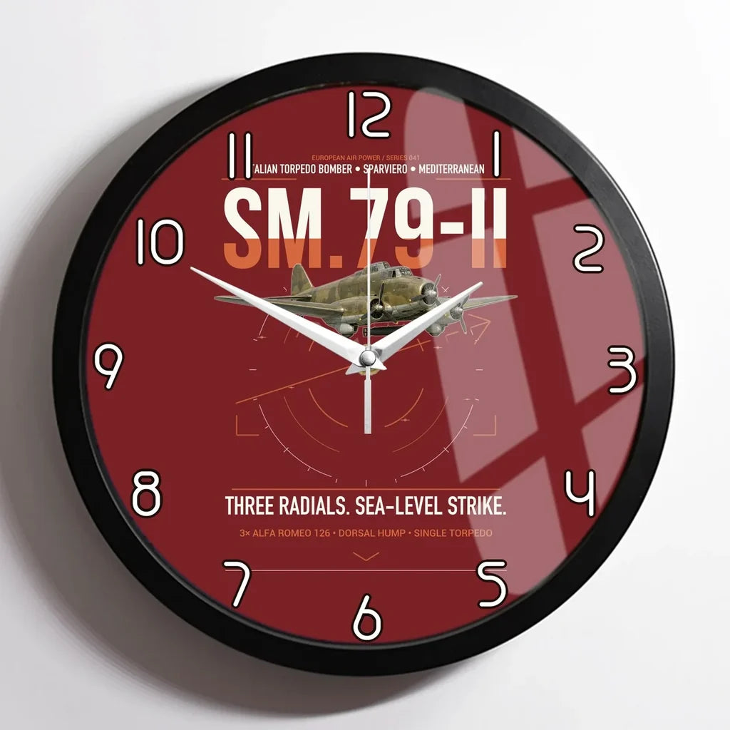 Savoia-Marchetti SM.79-II Sparviero design on dark red framed wall clock