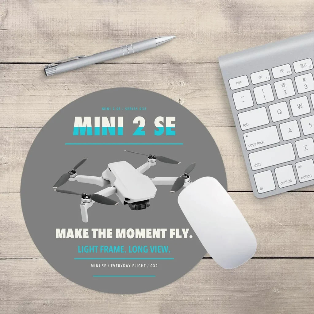 DJI Mini 2 SE design on gray round mouse pad