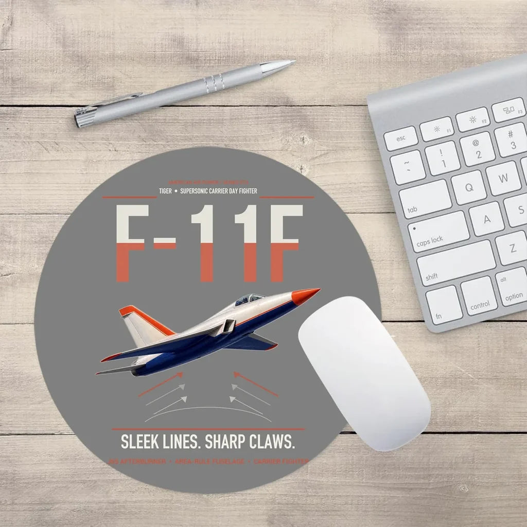 F-11F Tiger design on gray round mouse pad