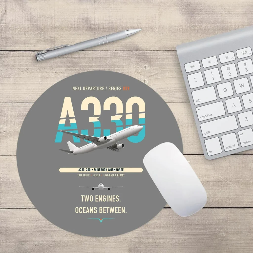 Airbus A330-300 design on gray round mouse pad