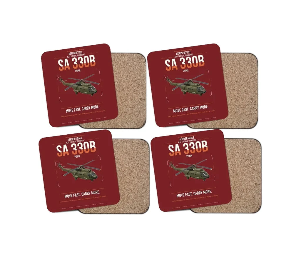 Aérospatiale SA 330B Puma design on dark red 4 pieces set coaster